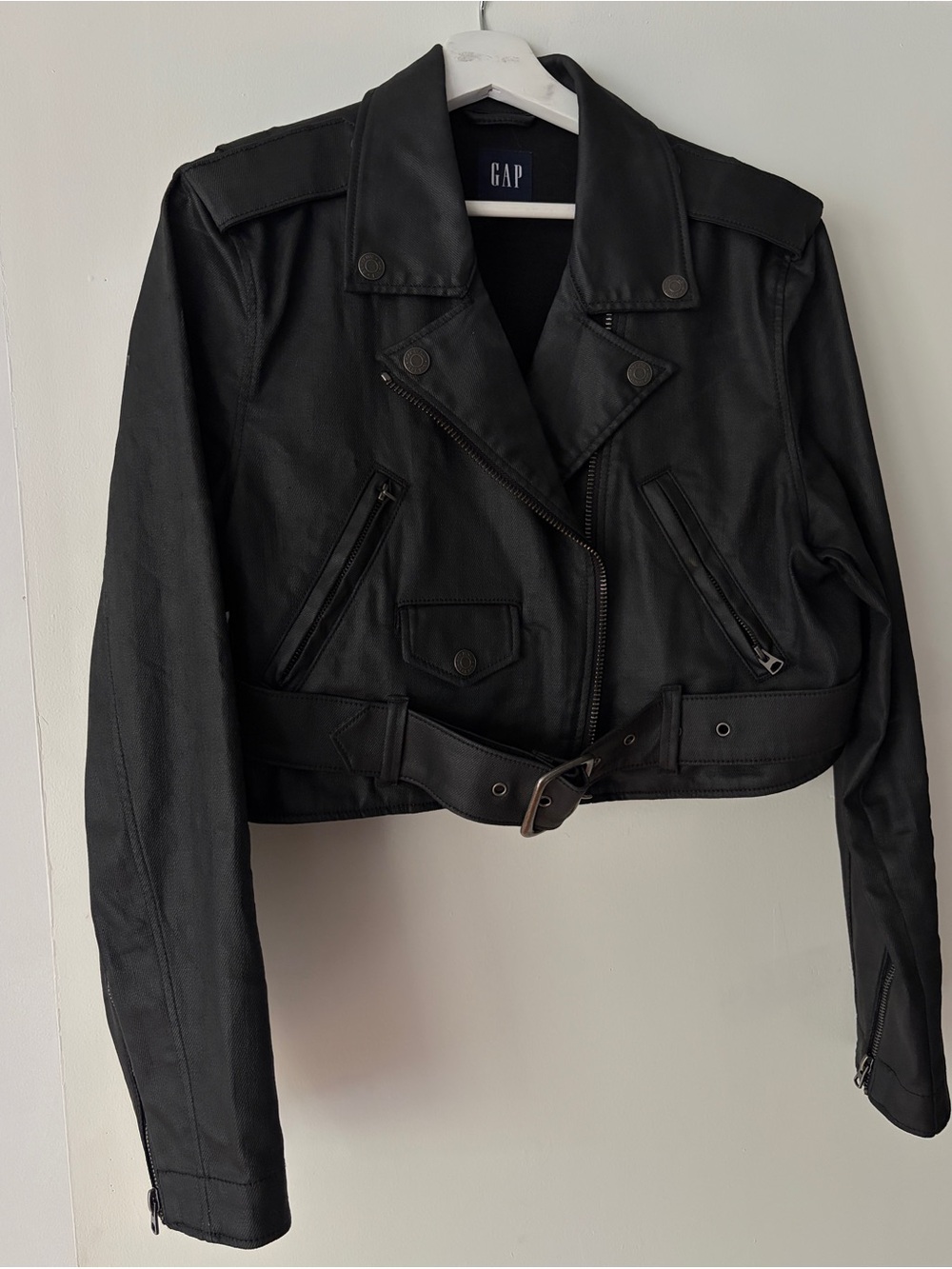 GapStudio x Zac Posen Coated Denim Crop Black Moto Jacket